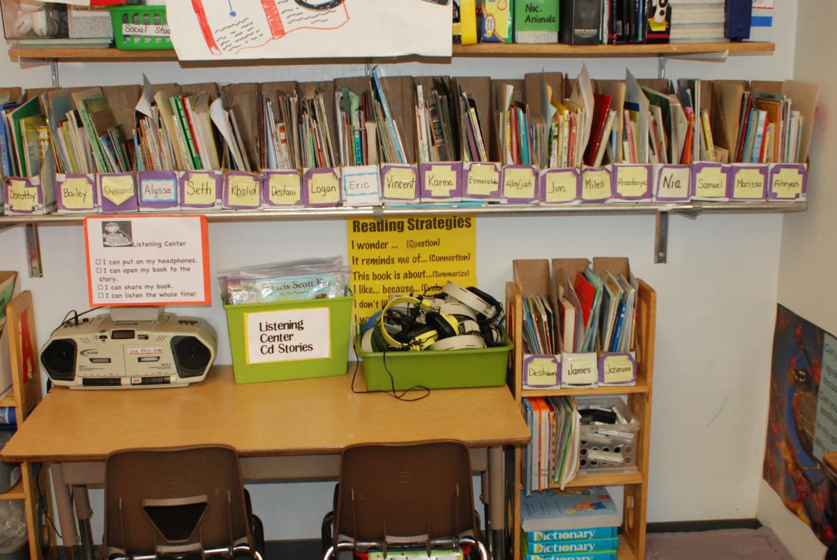 Book Boxes, one per student, can hold students' independent reading choices, chosen from the classroom library and switched out once a week.