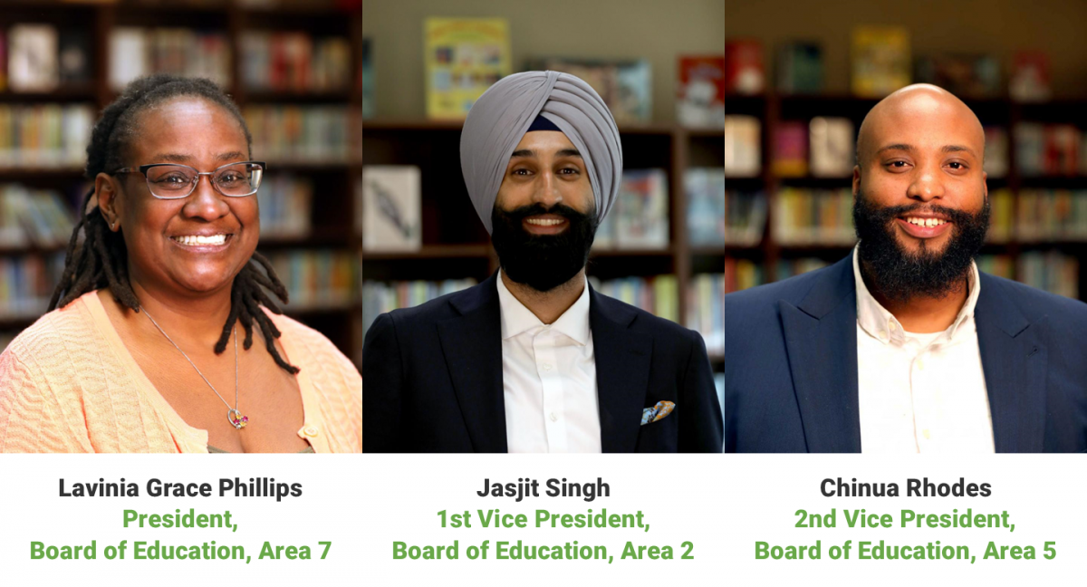 Lavinia Grace Phillips to serve as Board President, Jasjit Singh to serve as 1st Vice President, and Chinua Rhodes to serve as 2nd Vice President. 