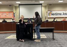 Student Board Member Liliana “Gracie” Miller Segura was sworn in by Board Member Christina Pritchett
