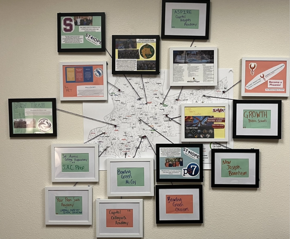 Map of District with each charter school noted , framed image for each charter school connected to map